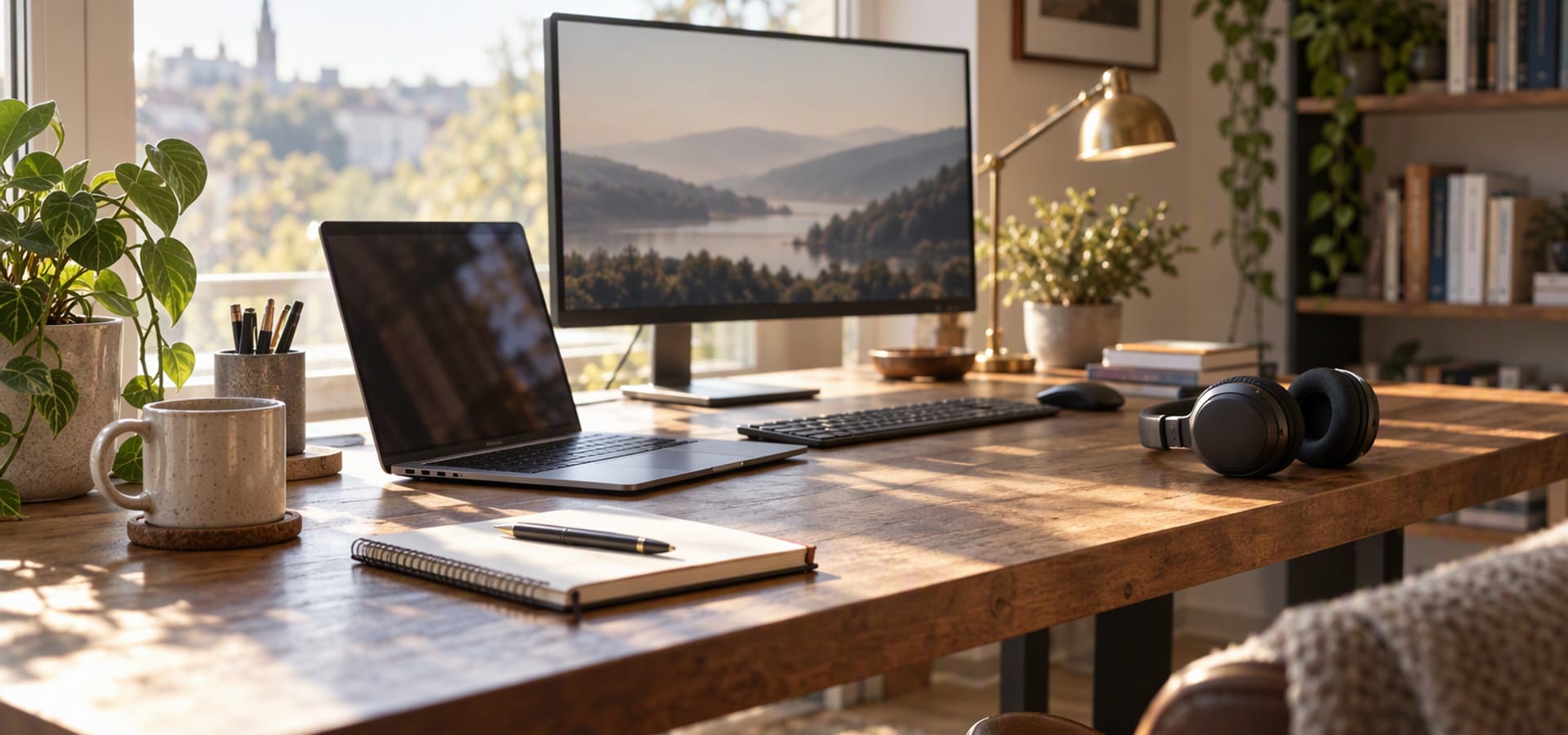 A home office desk with a laptop, monitor, keyboard and headphones