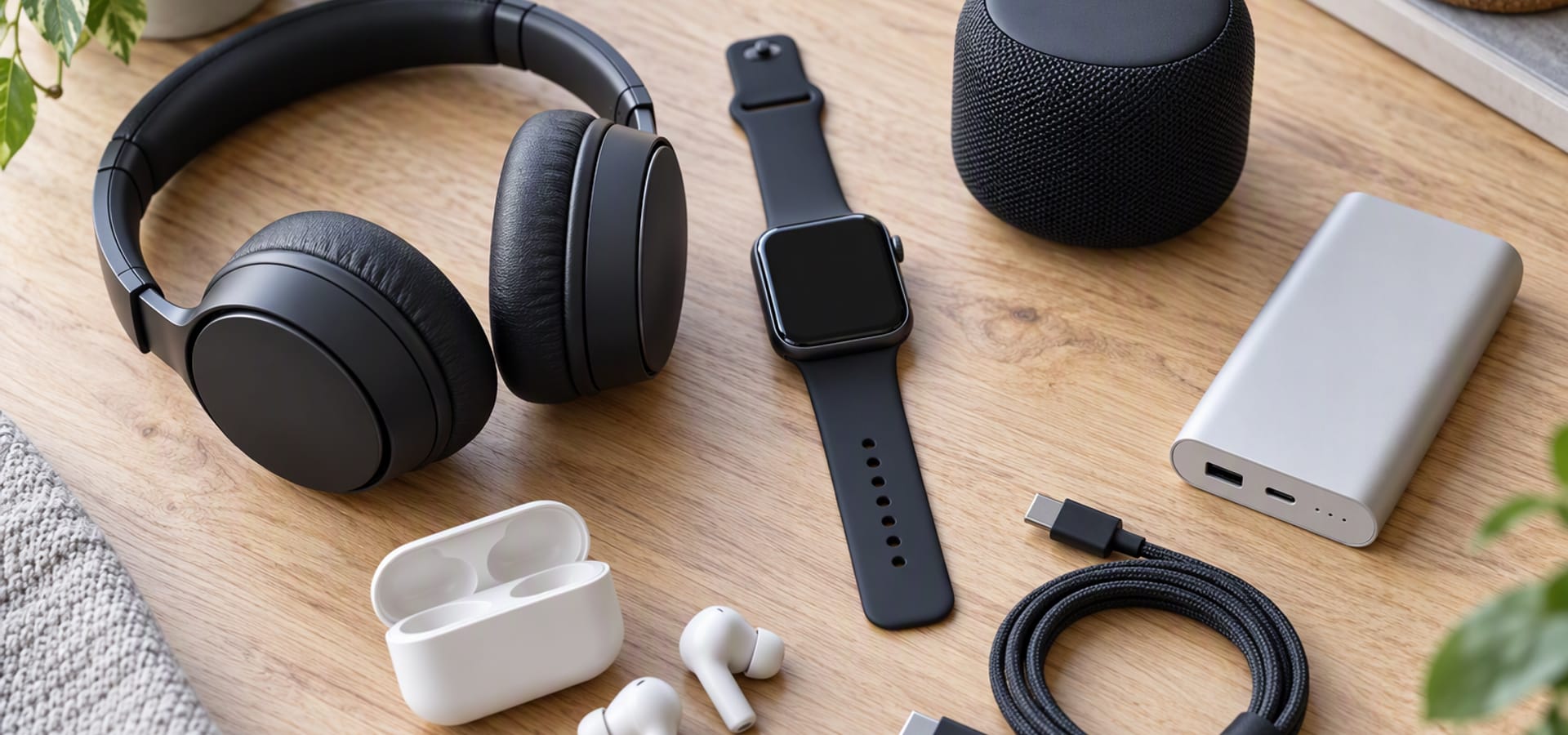 A stack of consumer tech accessories arranged on a wooden desk