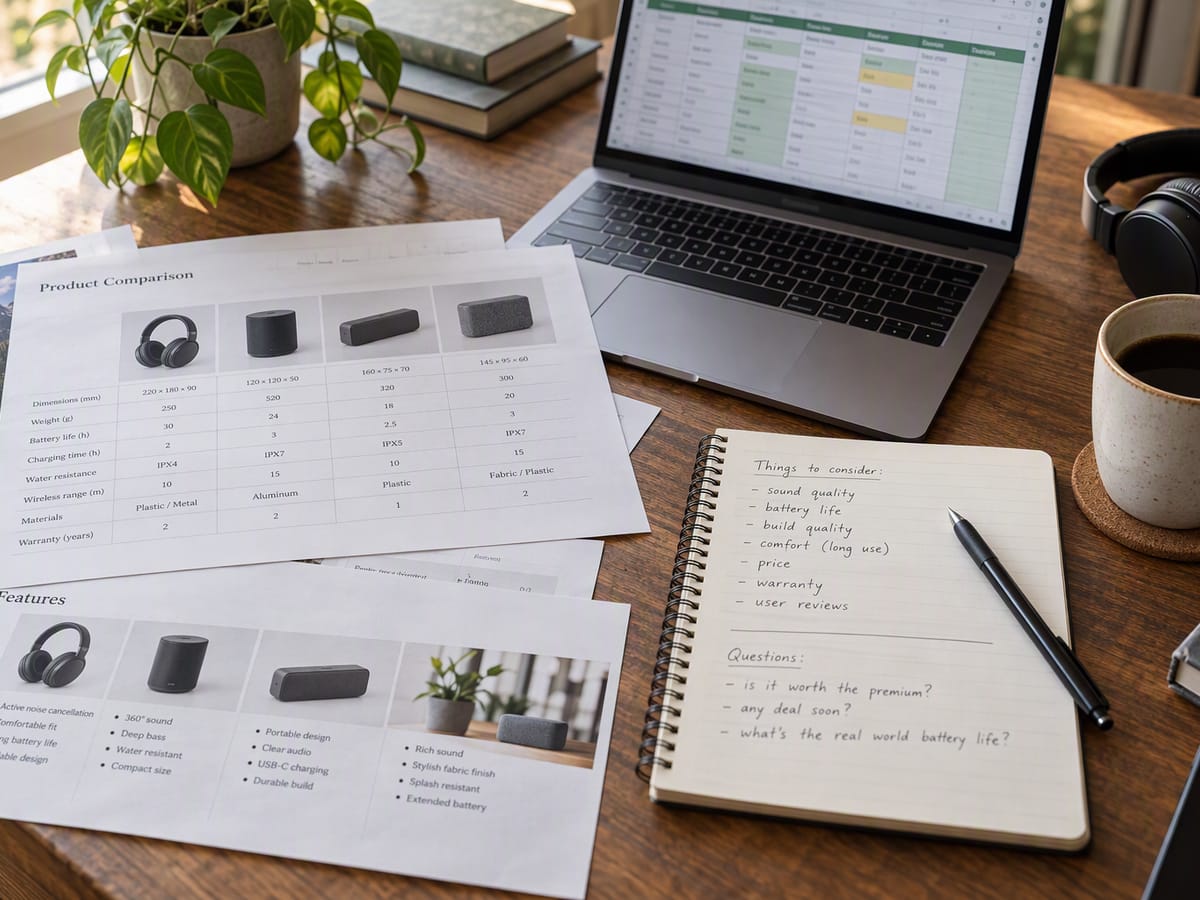 A desk with a laptop, headphones and a notebook used for comparing product specifications